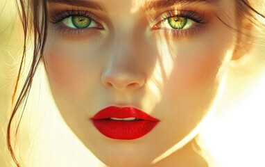 Fototapeta premium Close-up of a woman with striking green eyes and glossy red lips, on a blurred sunny yellow background