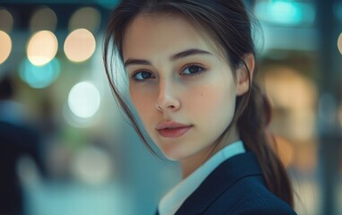 Obraz premium A refined close-up of a successful-looking woman, her confident gaze complemented by a softly blurred backdrop of a high-end corporate interior