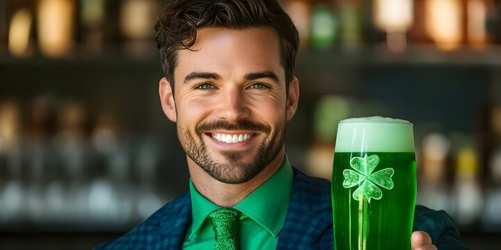 A smiling man in a green outfit holding a glass of green beer with a shamrock design, celebrating St. Patrick's Day. Concept St, Patrick's Day Celebration, Green Outfit Festivities