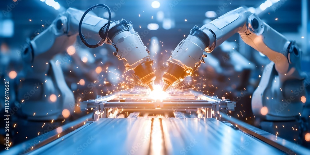 Aufkleber two robotic arms performing welding in a factory setting, creating sparks and bright light. concept 