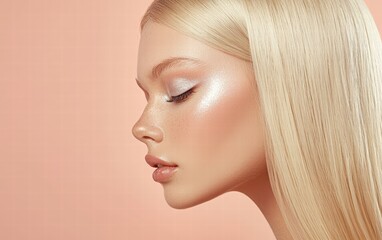 Fototapeta premium Blonde woman with sleek straight hair and shimmering silver eyeshadow, on a pastel peach background