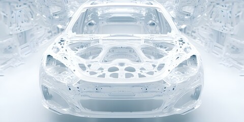 An intricately designed transparent car chassis displayed against a light background, highlighting its structural features. Concept Transparent Car Chassis, Structural Features, Intricate Design
