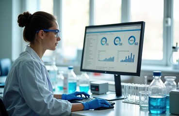 Female researcher works at lab desk in front of computer monitor. Analyzes tech stats displayed on screen. Lab equipment, test tubes visible on desk. Lab environment suggests research, development in