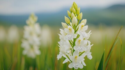 Fototapeta premium Delicate white flowers bloom against a lush green backdrop, showcasing nature's beauty in a serene landscape.