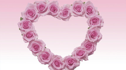 A heart-shaped wreath made of pink roses, positioned on the top-left third, against a white background fading to blush pink.