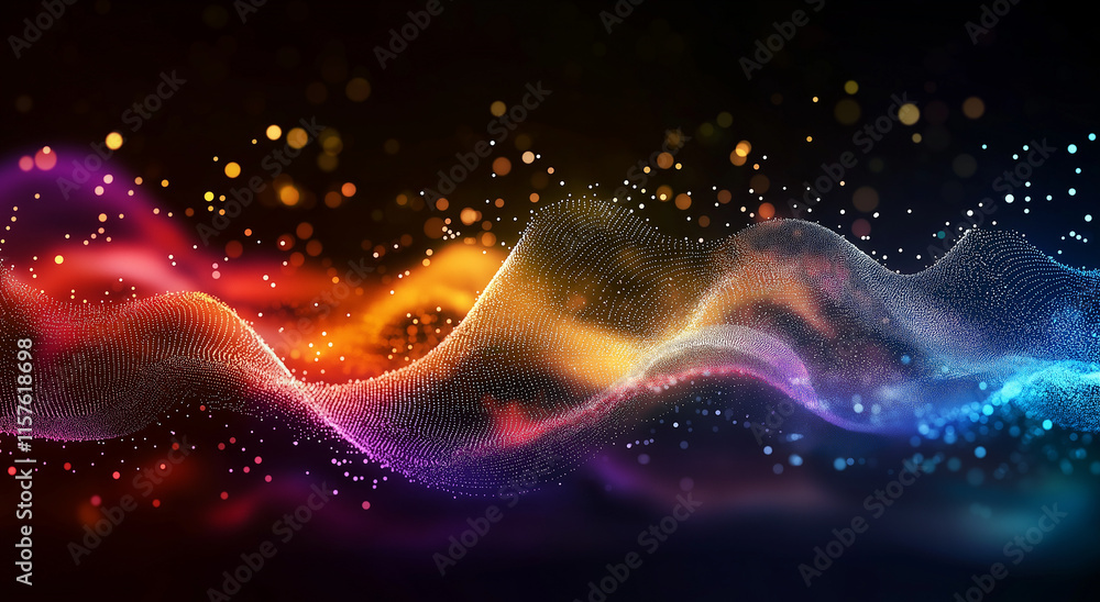 Poster 3d rendering of an abstract black background with flowing waves of particles and dots, embodying a f