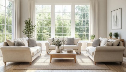 Sunny Living Room Interior Design Beige Sofa Large Windows Natural Light