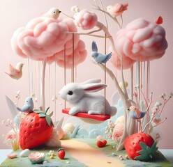 Día de San Valentín Dulces Conejitos en el Bosque de Fresas