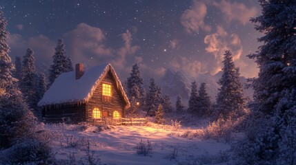A rural house glowing warmly under a star-filled sky, framed by snow-covered pine trees.