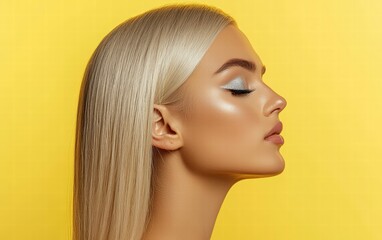 Naklejka premium Blonde woman with sleek straight hair and shimmering silver eyeshadow, on a pastel yellow background