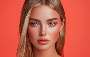 Fototapeta premium Blonde woman with sleek straight hair and soft makeup, set against a bright coral background