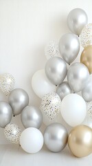 A colorful array of white and gold glitter balloons against a clean backdrop sets the perfect scene for festive invites or designs