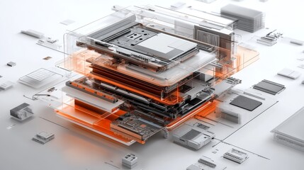 An exploded view of a processor showing its complex layers, rendered in photorealistic 3D