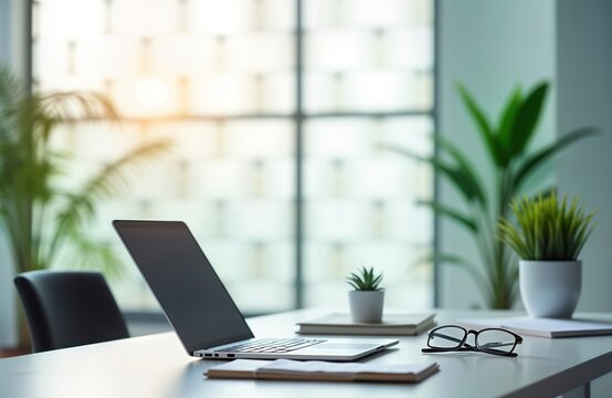 Empty office desk with laptop notebook, glasses. Daylight streams into modern open plan office space after work hours. Modern workplace in empty office interior. Quiet workspace for creative people.