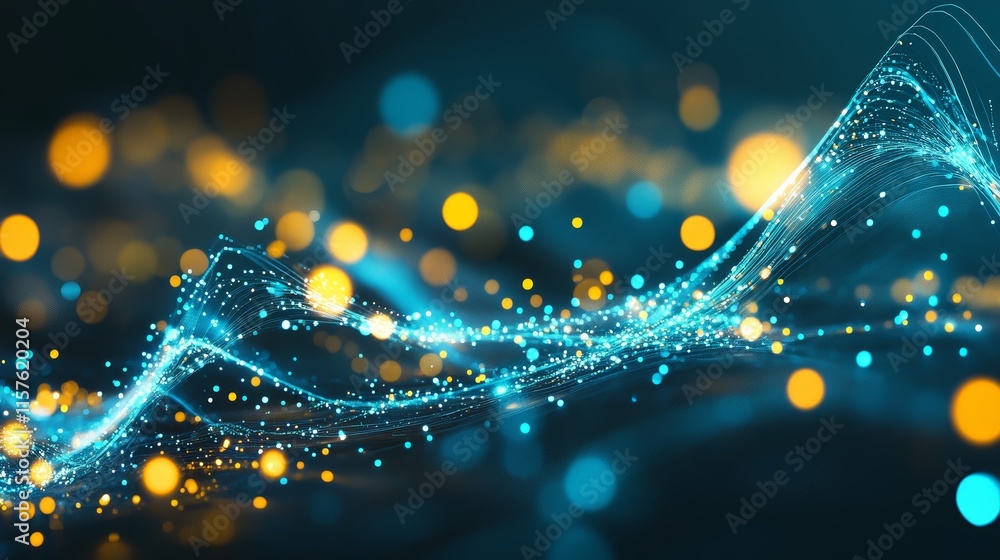 Aufkleber flowing teal particles with bokeh lights. abstract technology background.
