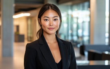Obraz premium A confident businesswoman with sleek hair, wearing a tailored black blazer, standing in a modern office space with clean lines and large glass windows