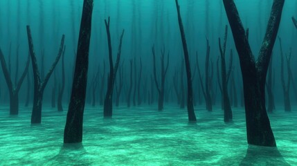 Underwater Forest with Dark Trees and Mysterious Atmosphere in Deep Sea