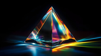 colorful glass prism triangle light dispersion in dark background, ai