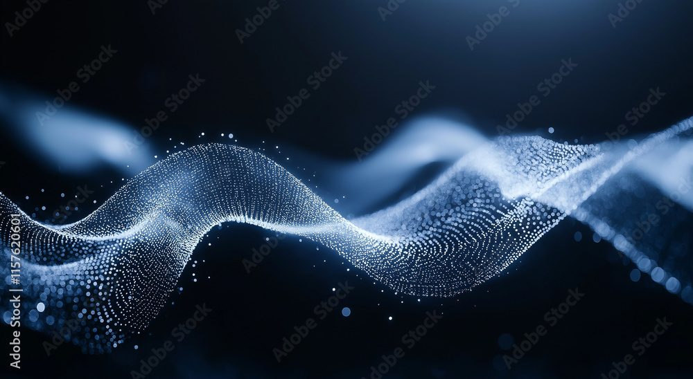 Aufkleber 3d rendering of an abstract black background with flowing waves of particles and dots, embodying a f