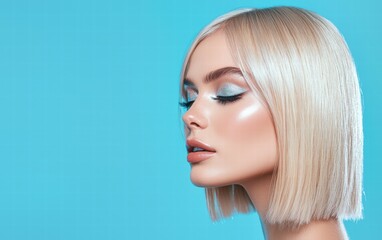 Naklejka premium Blonde woman with sleek straight hair and shimmering silver eyeshadow, on a pastel blue background