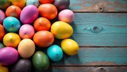 Obraz premium A vibrant heap of colored Easter eggs on a wooden table, Easter eggs, spring decor