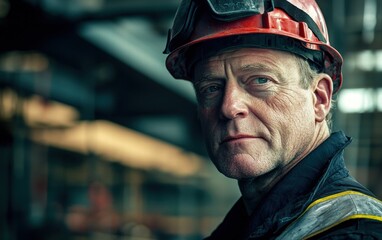 Obraz premium Engineer portrait with a focused expression, wearing a safety helmet, against a blurred industrial worksite background