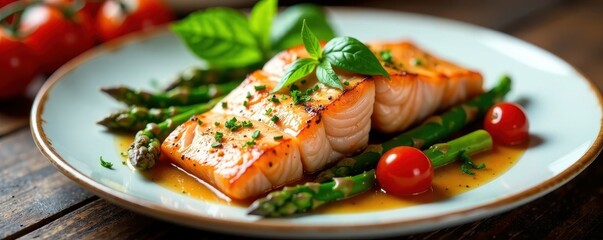 Baked salmon, asparagus, & cherry tomatoes, fresh herbs , dish, cooking