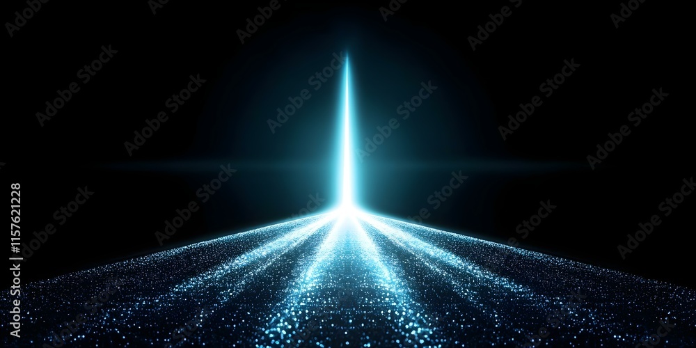 Poster a bright, glowing beam of light emanating from a dark background, creating a sense of depth and pers