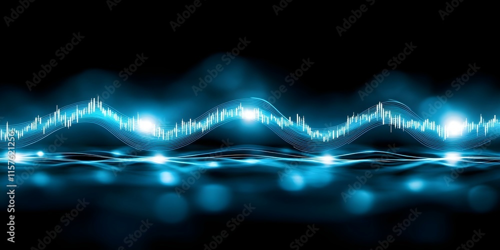 Poster a digital representation of sound waves with blue tones, depicting audio frequency and amplitude var