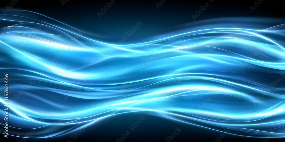 Poster abstract waves of blue light flowing smoothly against a dark background, creating a sense of motion 