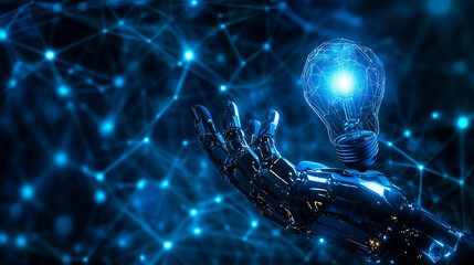 Robot Hand Holding Glowing Light Bulb Symbolizing Innovation Technology and Future Ideas on Blue Background