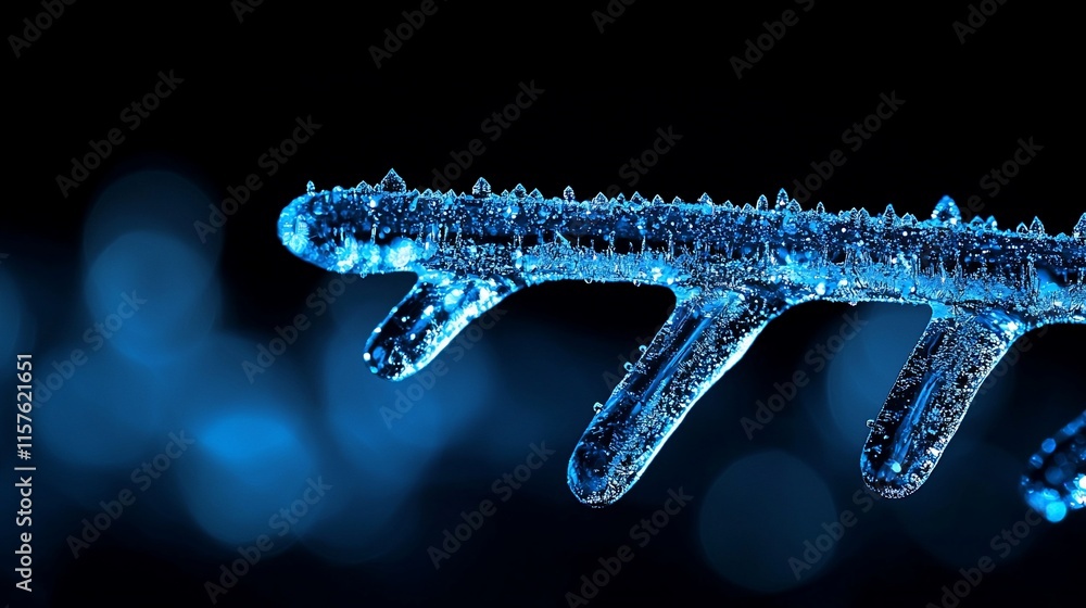 Poster close-up of a frost-covered branch with bokeh background.