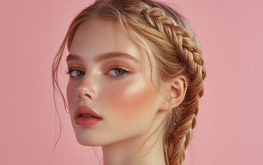 Fototapeta premium Close-up of a blonde woman with braided hair and subtle bronze eyeshadow, on a pastel pink background