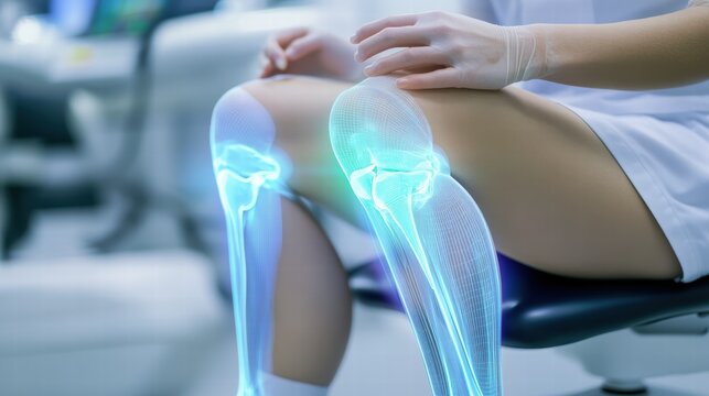 A healthcare professional showcases advanced knee treatment involving magnetic technology. The procedure highlights the joints' improvement in a modern clinical environment