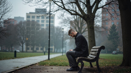 Fototapeta premium Young caucasian male reflecting on bench in misty urban park