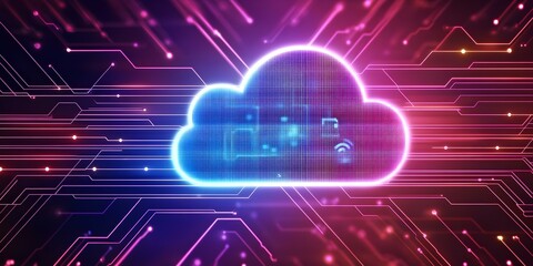 Obraz premium A digital cloud symbol surrounded by vibrant, glowing circuitry, representing technology and data storage. Concept Digital Cloud Symbol, Vibrant Circuitry, Technology Representation