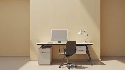 Modern minimalist office desk setup with computer and chair