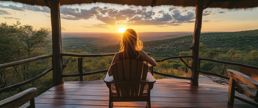 A woman sits comfortably in an Adirondack chair, gazing at the golden sunset illuminating the expansive landscape, surrounded by lush greenery and tranquility - Powered by Adobe