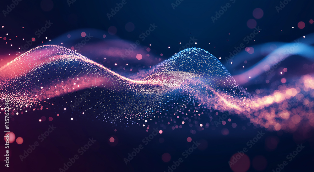 Poster 3d rendering of an abstract black background with flowing waves of particles and dots, embodying a f