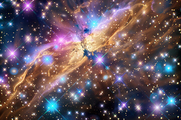 Fototapeta premium Golden nebula with star clusters