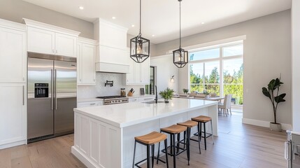 Modern kitchen with white cabinets, island, and hardwood floors. Large window with view of green landscape.