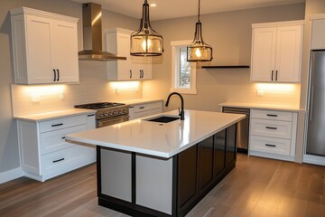 Fototapeta premium Modern kitchen with white cabinets, quartz countertop island, stainless steel appliances, and hardwood floors.