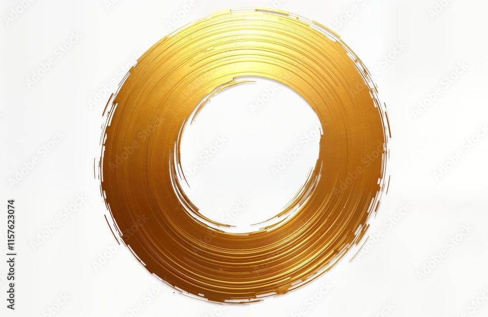 Poster Abstract golden circular brushstroke design. Circular pattern with textured gold paint. Elegant and bold artistic stroke. Isolated on white background. Creative design element.