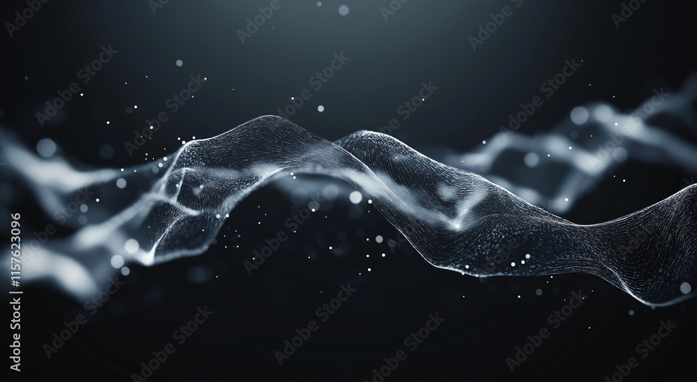 Aufkleber 3d rendering of an abstract black background with flowing waves of particles and dots, embodying a f