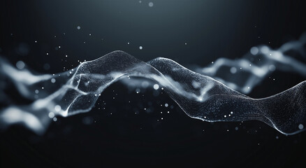 3D rendering of an abstract black background with flowing waves of particles and dots, embodying a futuristic digital technology concept