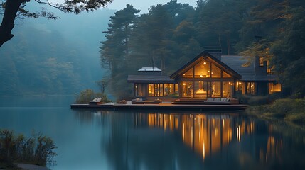 Fototapeta premium Lakeside cabin at dusk, reflecting in calm water, illuminated interior.