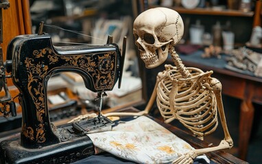 Skeleton sewing fabric on a vintage sewing machine in a well-organized craft room