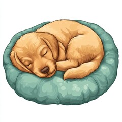 A golden puppy is nestled comfortably in a soft, round bed, dozing peacefully. The cartoon style captures the warmth and innocence of this adorable scene