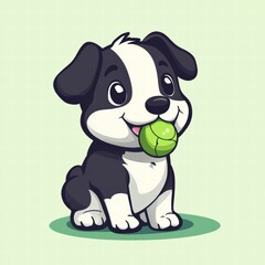 Obraz premium A cheerful black and white puppy sits happily, holding a vibrant green ball in its mouth. The playful pup showcases an adorable cartoon style against a soft background