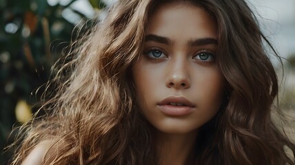 Fototapeta premium Portrait of beautiful young woman with long wavy hair in soft natural light